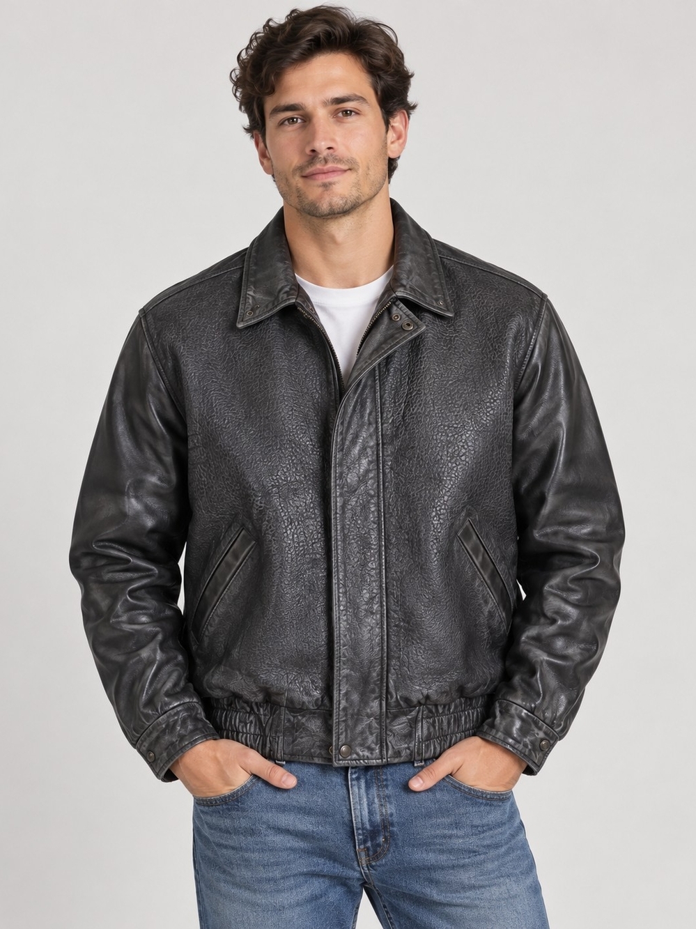 Men's Black Leather Bomber Jacket with Classic Collar